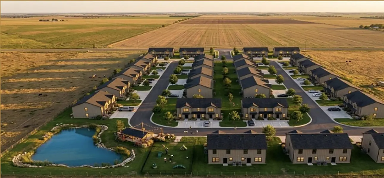 Concept rendering of the 90-unit Texas workforce townhome community: two-story buildings around a central green and pond